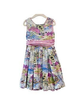 MONSOON Watercolor Beach Scene Dress Girls 5 Sailboats Lake Summer Sundress